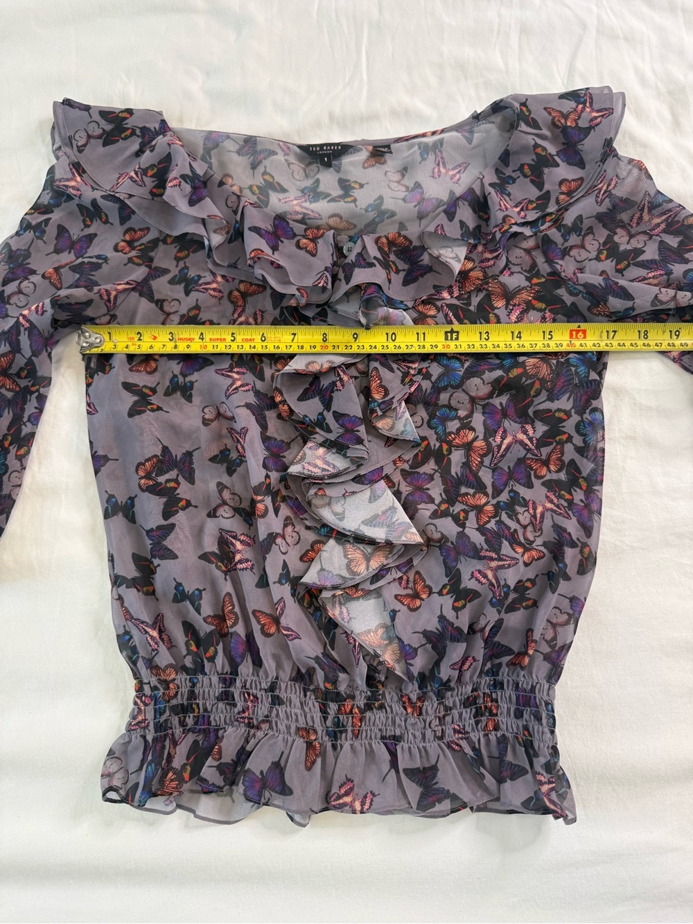Ted Baker Butterfly Ruffle Chiffon Smocked Blouse Whimsical Balletcore Size 1 - Picture 11 of 12